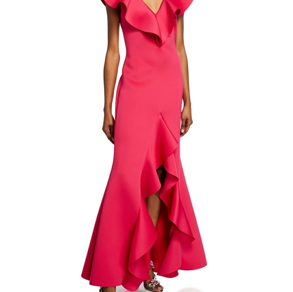 COPY - Badgley Mischka Pink Scuba High Low Ruffle…
